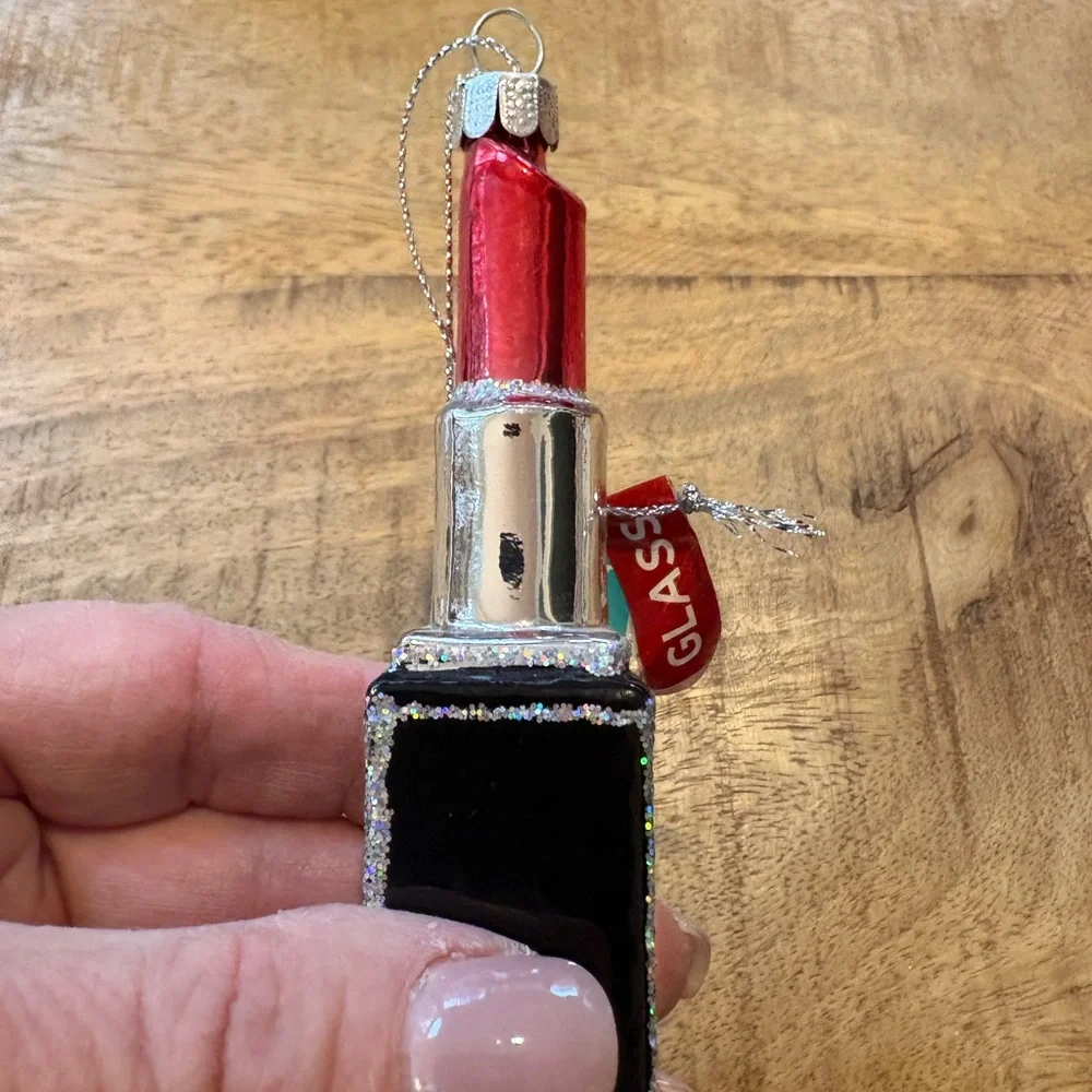 Lipstick Ornament - Red, Black, and Silver Glitter Glass, Great for Your Tree! - Picture 1 of 9